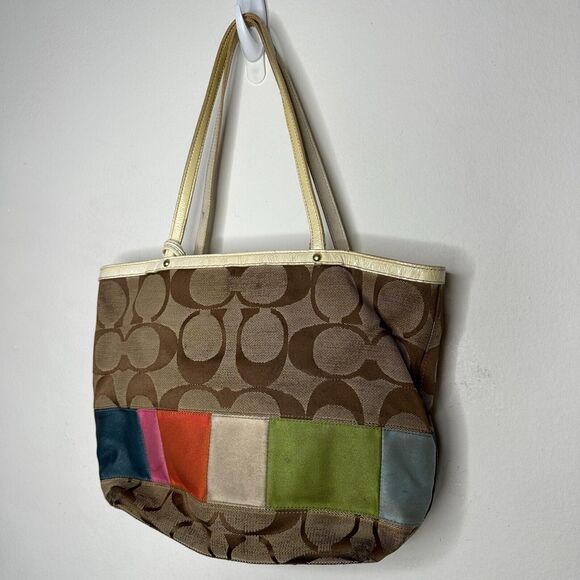 Coach Signature Multi-Color Leather Canvas Bag #10859 Clip Close Handle - Picture 3 of 14